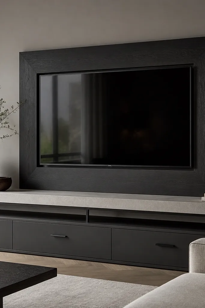 A dark blackened oak veneer frame wraps around the TV. The wall around it is smooth warm gray paint. A stone-look shelf runs beneath the TV, with a slim black metal support line and a low cabinet with matte black pulls.