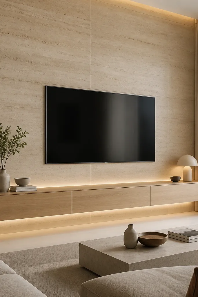 Large-format porcelain tiles cover the TV wall in a soft travertine pattern. The TV sits in the center with a thin metal trim around it. A floating console in light oak sits beneath, and LED strip lighting runs behind the console.