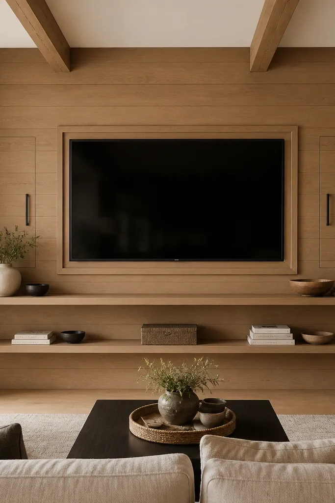 Warm oak shiplap covers the wall. The TV is centered inside a built picture-frame trim in the same oak tone. On both sides of the TV, small recessed doors are flush with the wall, with a dark metal pull, and there are two thin floating ledges below.