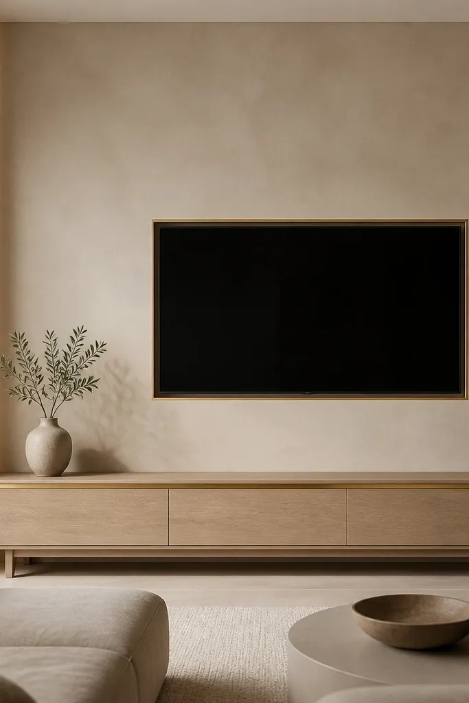 A smooth beige micro-cement look wall with a TV centered. Thin brass trim outlines the TV opening, and a brass edge lighting channel runs along the sides. Beneath, a low media cabinet in light oak sits on legs, with a brass handle line.