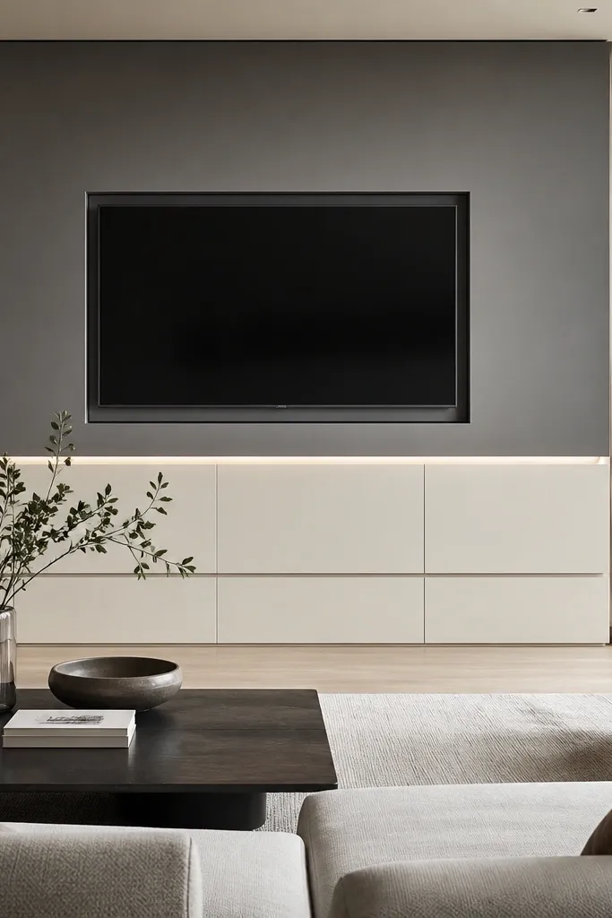 The TV wall is split horizontally. The upper half is matte medium gray with a framed TV opening. The lower half is off-white with flat panel doors and a long media console drawer line. A thin LED strip glows under the TV frame.