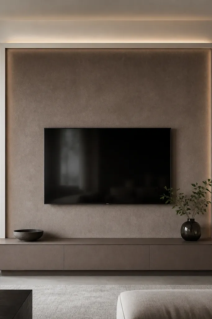 A TV centered on a full-height backdrop in muted taupe velvet-matte fabric. The fabric is framed by smooth off-white trim. A thin black LED strip behind the frame creates a gentle halo. The media console below is low and closed with a matching taupe tone.