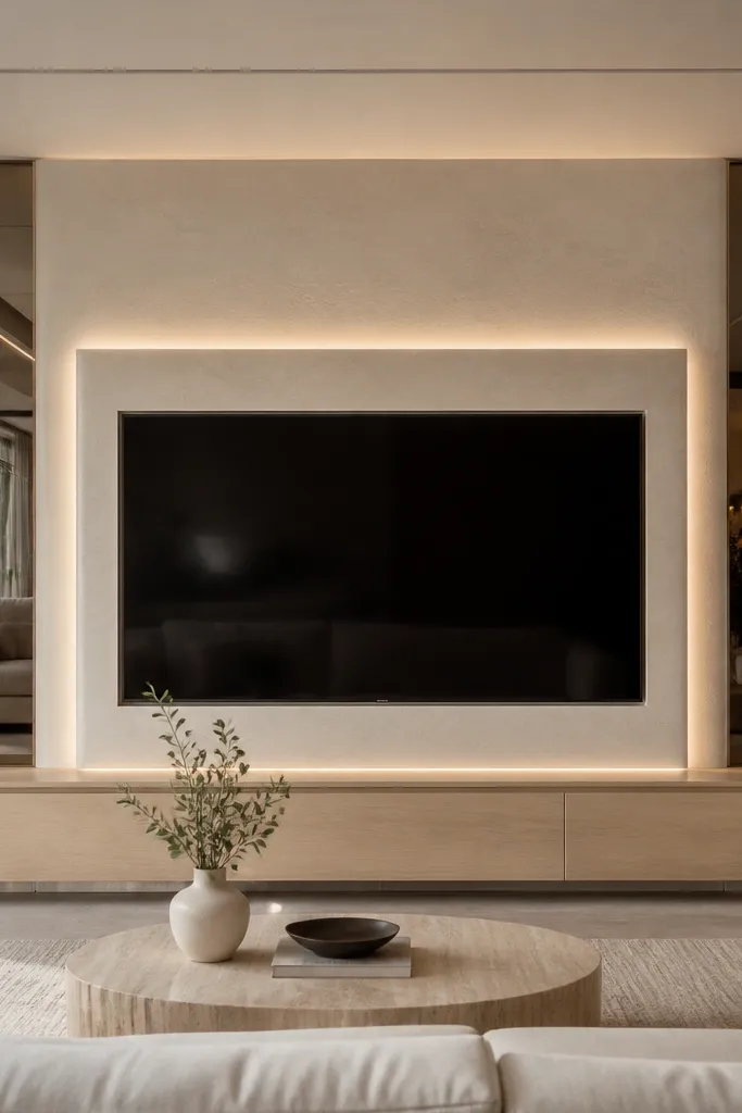 A matte stone-look surround wraps around the TV with a smooth pale beige finish. On each side of the TV, a vertical smoked mirror strip reflects the room softly. The media console is white oak, and a hidden LED strip glows behind the stone edge.