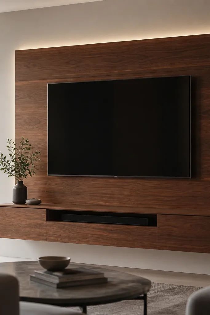 A walnut veneer slab area surrounds the TV, with a clean white backer panel visible around the edges. Beneath, a floating console has a long drawer with minimal hardware and a slim open niche for a soundbar. LED lighting runs behind the walnut edge.