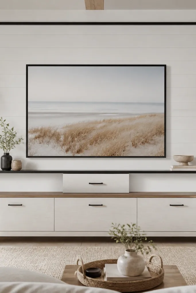 A white shiplap TV wall with a simple rectangular TV frame. Black metal hardware lines the edges, including a thin shelf bracket. A low console has lift-top cabinets with black pulls, and a narrow drawer under the TV.