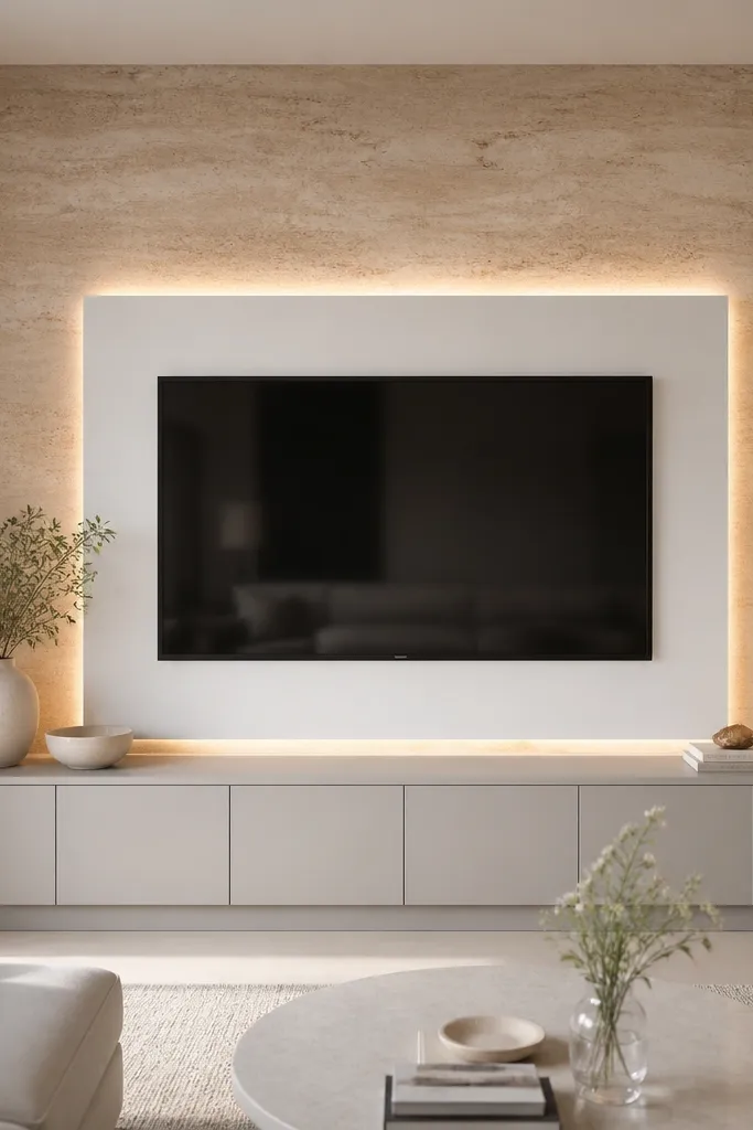 A TV wall with travertine-style wallpaper in warm beige wraps behind the TV area. The TV sits inside a removable white frame insert, and the wallpaper continues to the sides. A slim LED strip glows behind the frame, and the media console is light gray with closed doors.