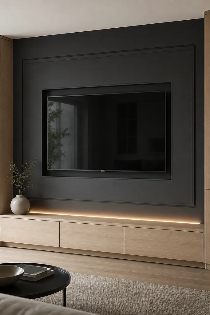 A matte charcoal TV wall with a framed TV opening. On the left and right, tall light oak storage towers with closed doors flank the TV. A long horizontal LED glow line runs above the console, and the media area has a simple white oak base.