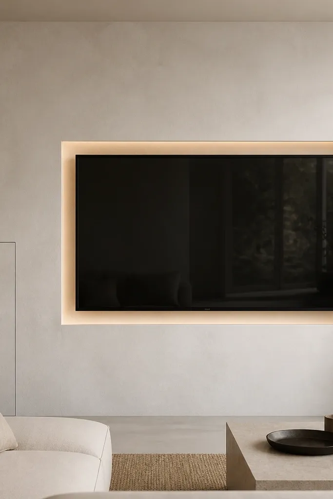 A soft white plaster-look TV wall with a seamless rectangular opening around the TV. On the lower left is a hidden door panel that blends into the wall with a discreet seam. There's no visible hardware on the doors, and a warm LED strip glows behind the TV frame.