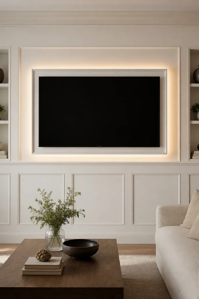 A classic off-white wainscot panel wall with a central framed TV. The wainscot has rectangular raised panels and a simple top rail. On both sides of the TV are two narrow shelves with closed backing, and warm LED light glows from behind the TV frame.