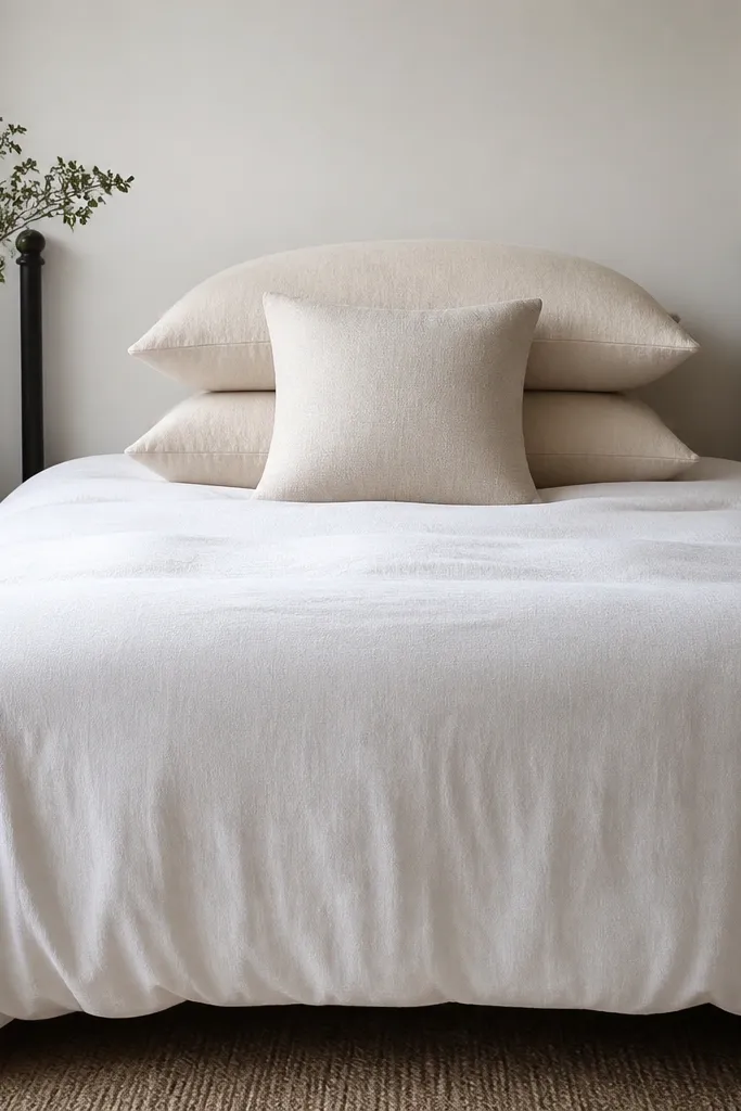 A queen bed with a white duvet cover that has a subtle matte weave, paired with two cream cotton-linen pillow covers and one smaller square sham. The pillows are stacked in a neat column, with a simple black metal bed frame visible on both sides.