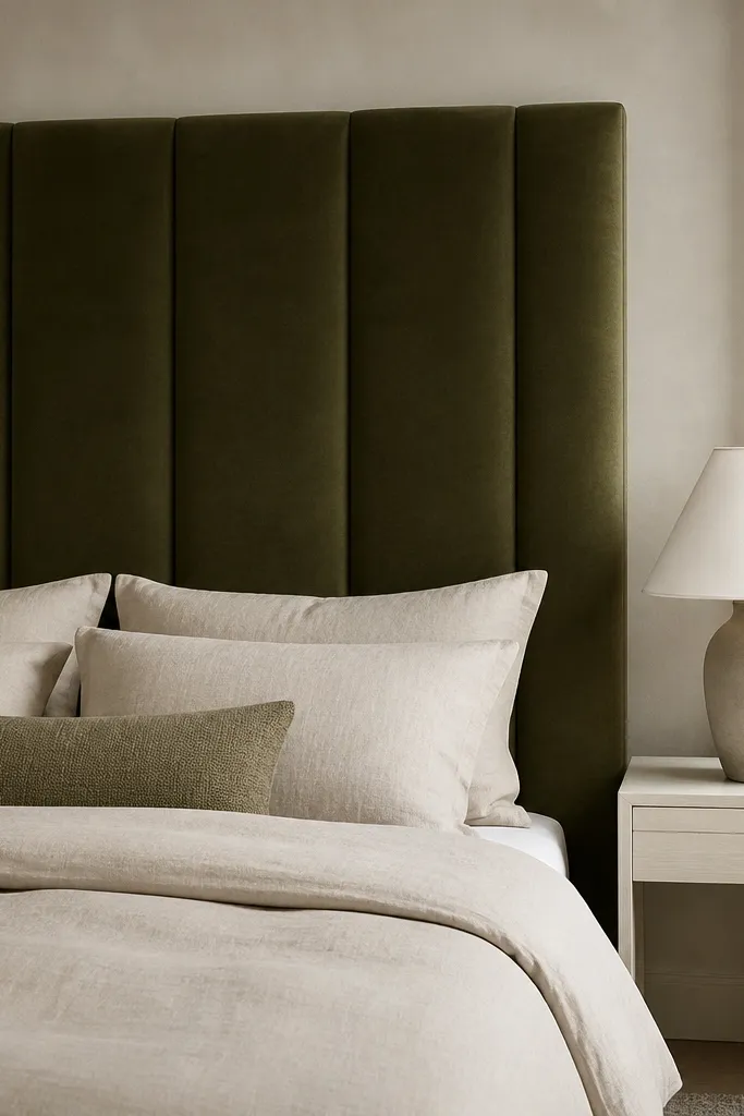 A tall upholstered headboard in deep olive performance velvet. The bed has a light beige duvet, and a narrow white bedside table on one side with a simple ceramic lamp.