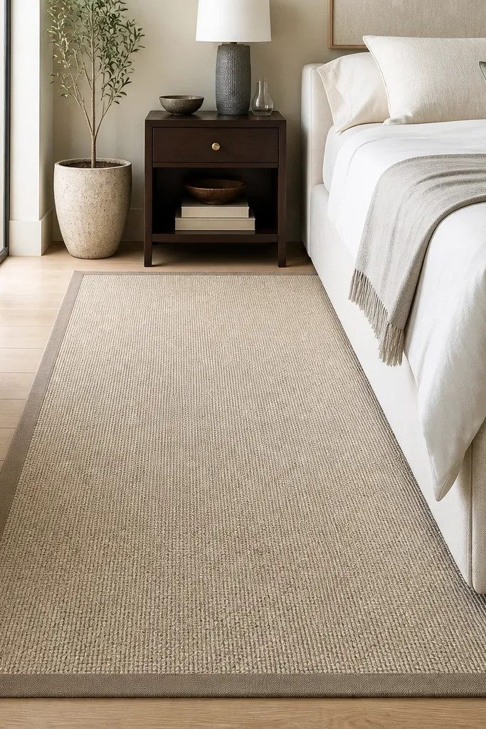A short-pile oatmeal rug with a thin flat border in taupe. The rug sits under a bed so the border is visible on both sides, and there's a small round wastebasket nearby to show the scale.