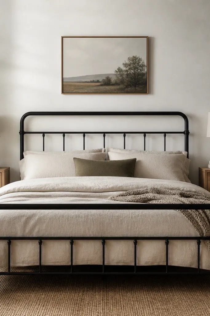 A black metal bed frame with simple lines. On each side are light oak nightstands with one drawer each, and a small stack of books sits centered with a neutral lamp on top.
