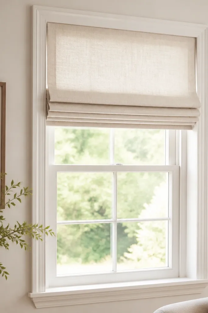A window with a simple roman shade in off-white linen weave. The shade is pulled up to show clean folds, and there are no dangling cords. The wall is painted a soft warm white.