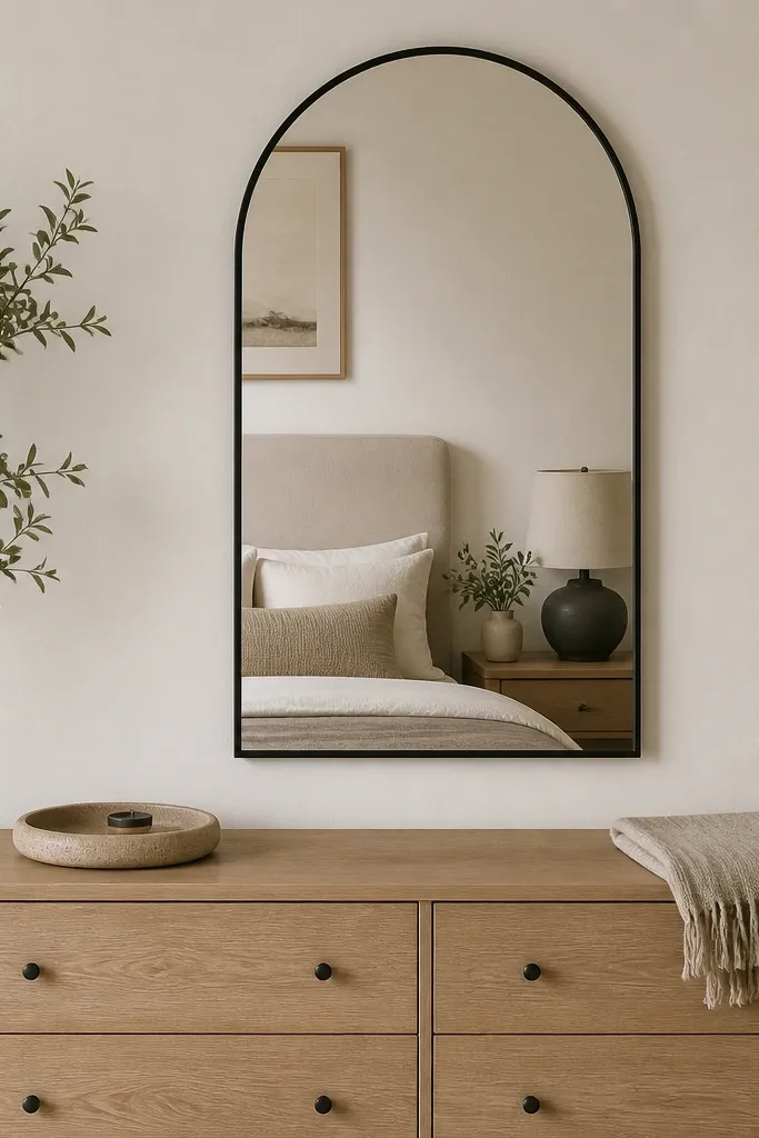 A tall arched mirror with a thin black frame mounted above a light wood dresser. The mirror reflects a portion of the bed and a lamp, and the dresser top has only a small tray and a folded throw.