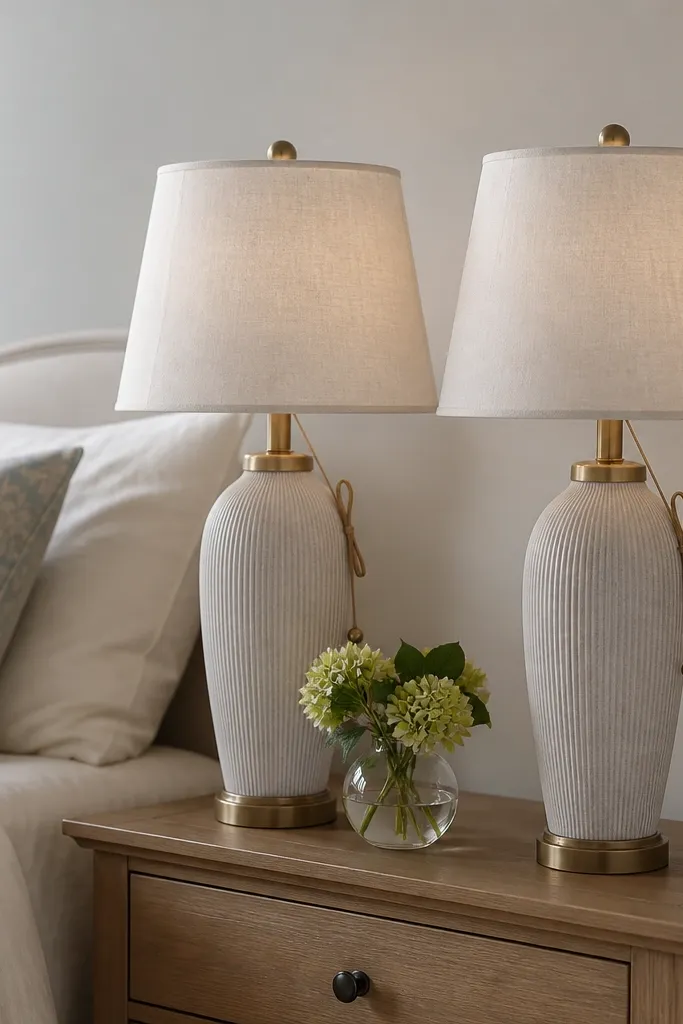 Two bedside lamps with fabric shades. Each lamp has a pull-cord hanging down near the lamp base, and the cords are neatly tied to the side.
