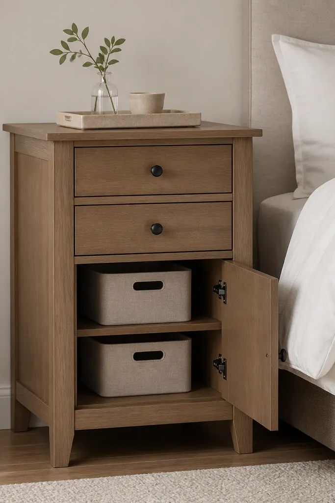 A bedside table with drawers and a closed cabinet. Inside are matching linen-look bins, and the top surface has a single tray with a small bottle and a cup.