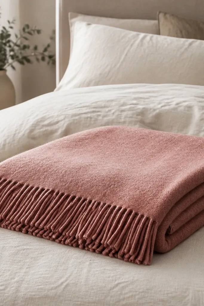 A neatly folded throw blanket in a dusty rose wool-look fabric at the foot of a bed. The duvet is light cream, and the throw has a simple fringe edge.