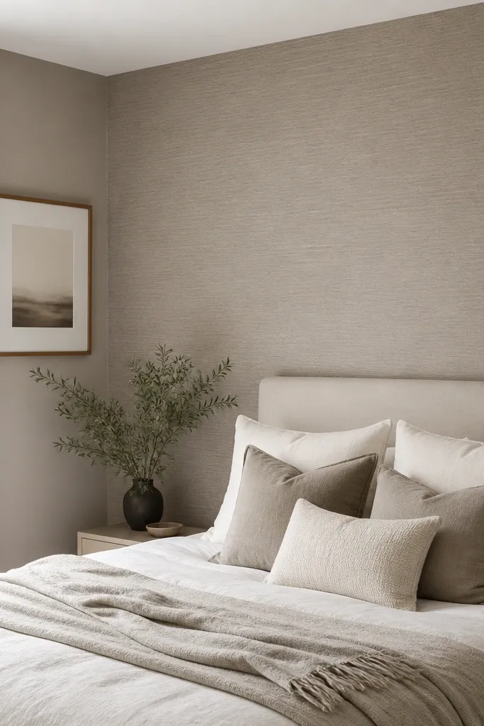A bed wall covered with peel-and-stick textured wallpaper in soft taupe. The bed has a light duvet and a simple headboard, and a small framed print sits on the side wall.