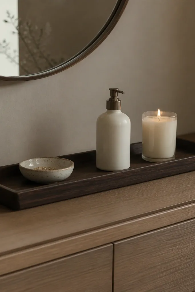 A long dresser top with one long rectangular tray in dark wood. On the tray are a small ceramic dish, a lotion bottle, and a candle. Everything else is hidden in drawers.