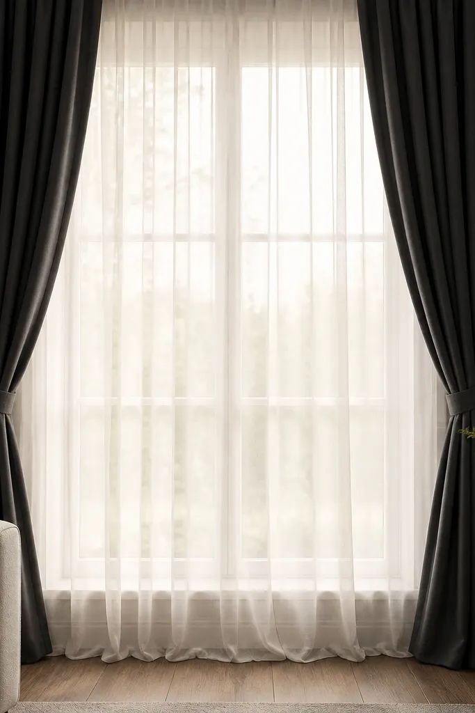 A window with a neutral sheer curtain behind two blackout panels in charcoal. The sheers float lightly and the blackout panels are pulled to the sides.