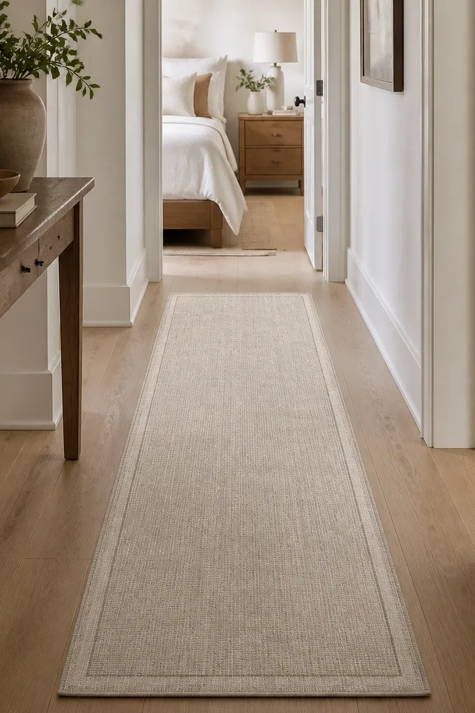 A narrow runner rug in a linen-look texture placed in the entry path leading to the bedroom door. It has a low pile and a subtle border.