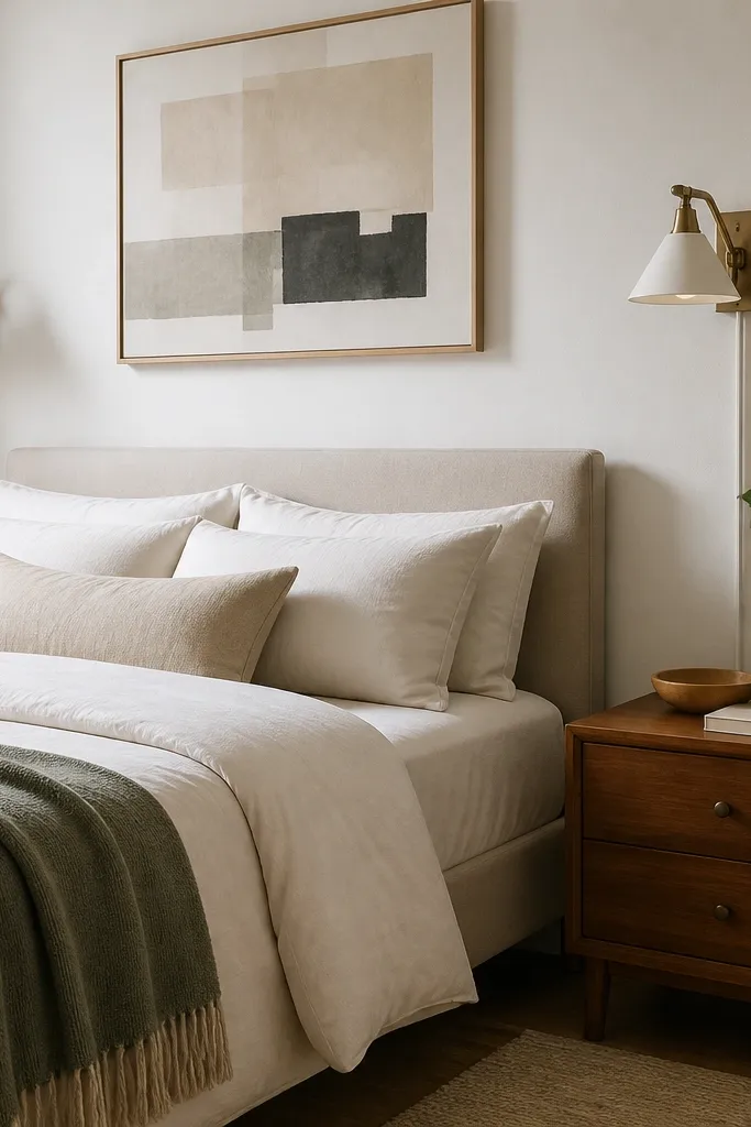 Two plug-in wall sconces mounted beside the bed. The cords run down behind a small wall channel and vanish near an outlet.