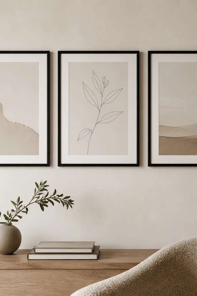 A small gallery wall with three frames all the same size in matte black. The prints are simple neutrals and one has a soft botanical line drawing.