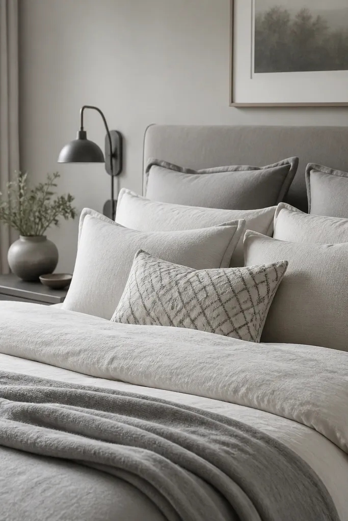 A monochrome bed in shades of gray and off-white. Most pillows are solid, and one accent pillow has a subtle geometric pattern in charcoal on cream.