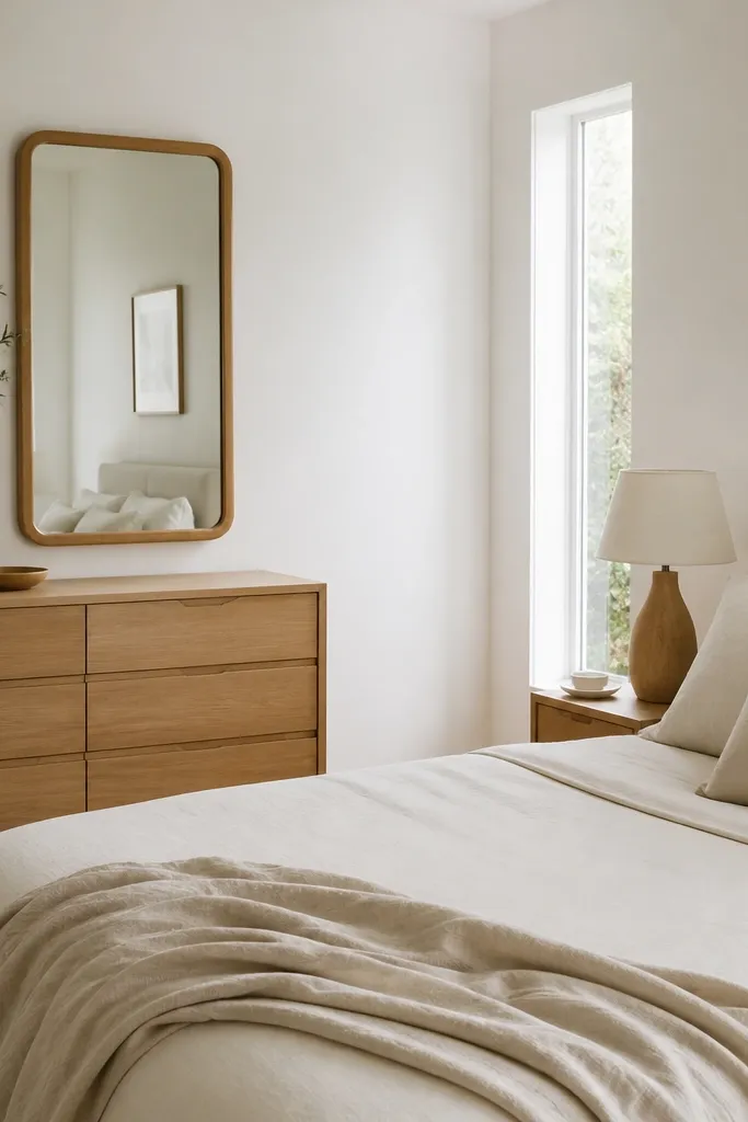 A bedroom with matte white walls, a light wood dresser, and a single wooden-framed mirror. Bedding is cream and the bedside lamp base is natural wood.