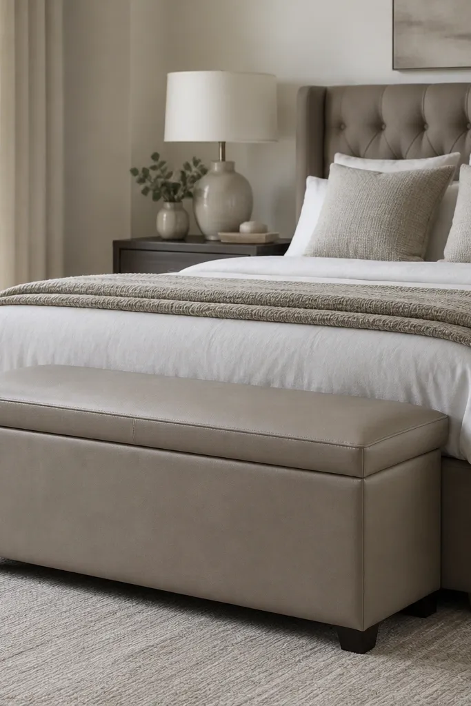 A small storage bench at the foot of a bed upholstered in light taupe faux leather. The bench has a hinged top, and the bed has a folded throw and two pillows.