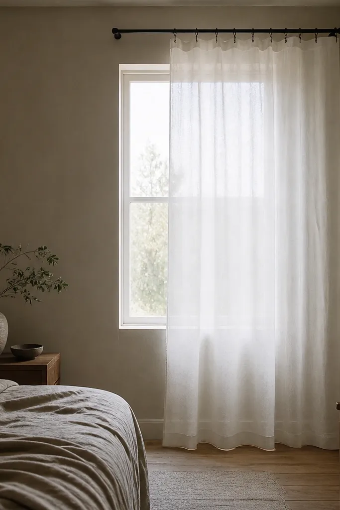 A bedroom window with a single long sheer panel that looks like a shower curtain - smooth and lightly translucent. The panel hangs from a rod with rings, and the floor is visible below.