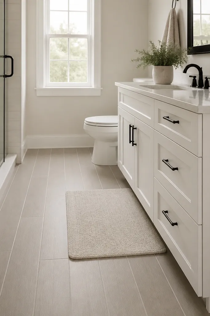 A small full bathroom floor covered in long, narrow matte porcelain planks in warm greige. The grout lines are narrow and light, and the tile edges look straight and consistent. A white vanity sits above a dark-framed mirror, with a small bath mat placed near the sink.