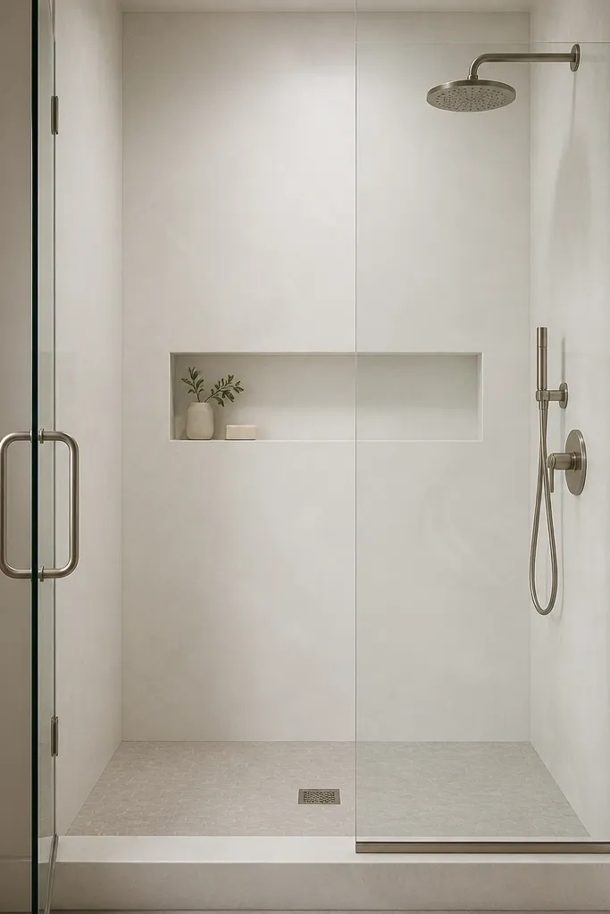A shower with smooth, large-format wall panels in soft white with faint texture. There are no decorative shelves; instead, a simple built-in niche sits at one height. A clear glass door and brushed nickel handle frame the shower opening.