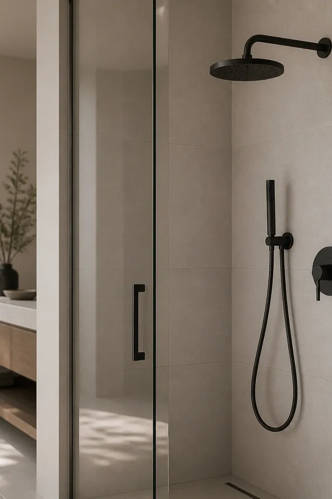 Brushed satin black shower fixtures - a wall-mounted shower head, a handheld wand, and a simple control valve. The metal has a matte look with no visible shine. A clear glass door surrounds the shower opening.