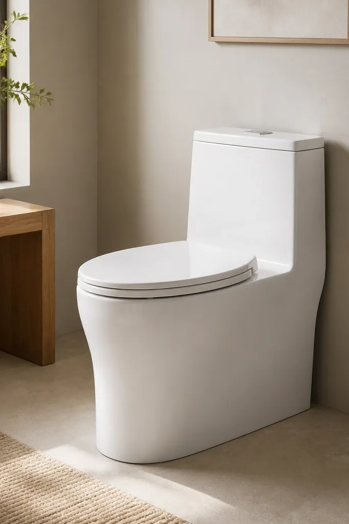 A compact, one-piece toilet in crisp white with smooth sides and a skirted look. There is no gap around the base. Behind it, the wall has a simple neutral paint color and a small toilet paper holder mounted to the side.