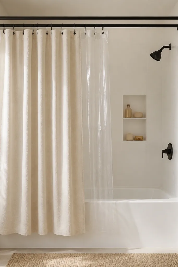 A tension-free shower curtain rail in a matte finish with a double-layer setup: a fabric outer curtain and a clear water-repellent liner. The curtains hang straight and stop just above the tub rim. The shower surround is bright white.