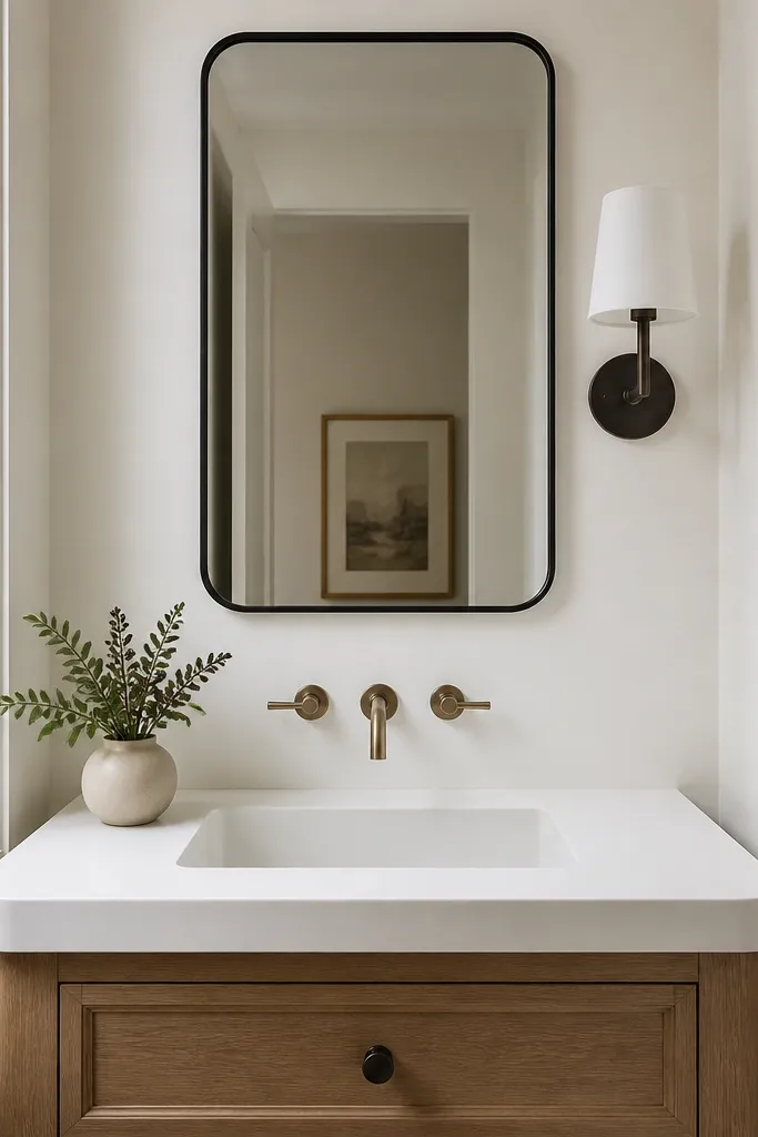 A small vanity with a solid white solid-surface countertop and an integrated rectangular sink. The surface looks seamless with rounded corners. Above it is a simple mirror with a thin black frame and a small wall sconce.