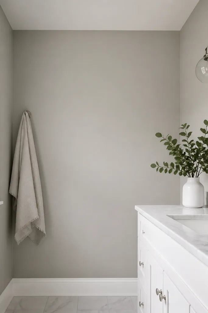 A small bathroom wall painted a soft warm gray with a matte finish. The paint looks even and smooth with no shine. The trim is bright white, and there are no wall ledges or clutter.