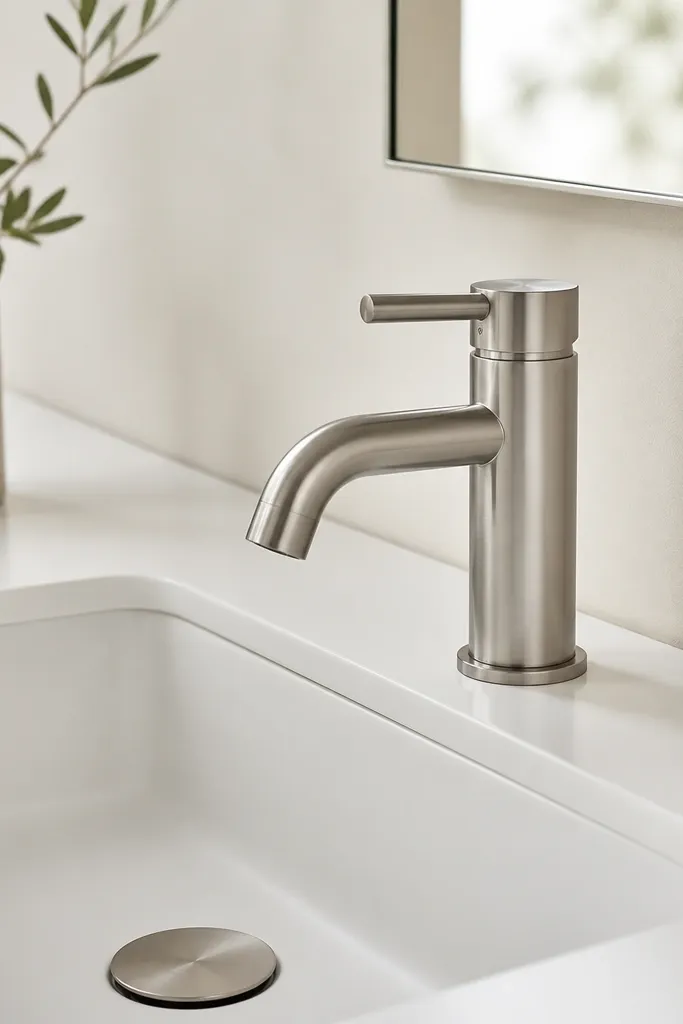 A compact brushed nickel faucet with a simple single-handle design. The finish looks satin and doesn't show shiny streaks. The drain cover matches the faucet, and the sink is white with a clean integrated edge.
