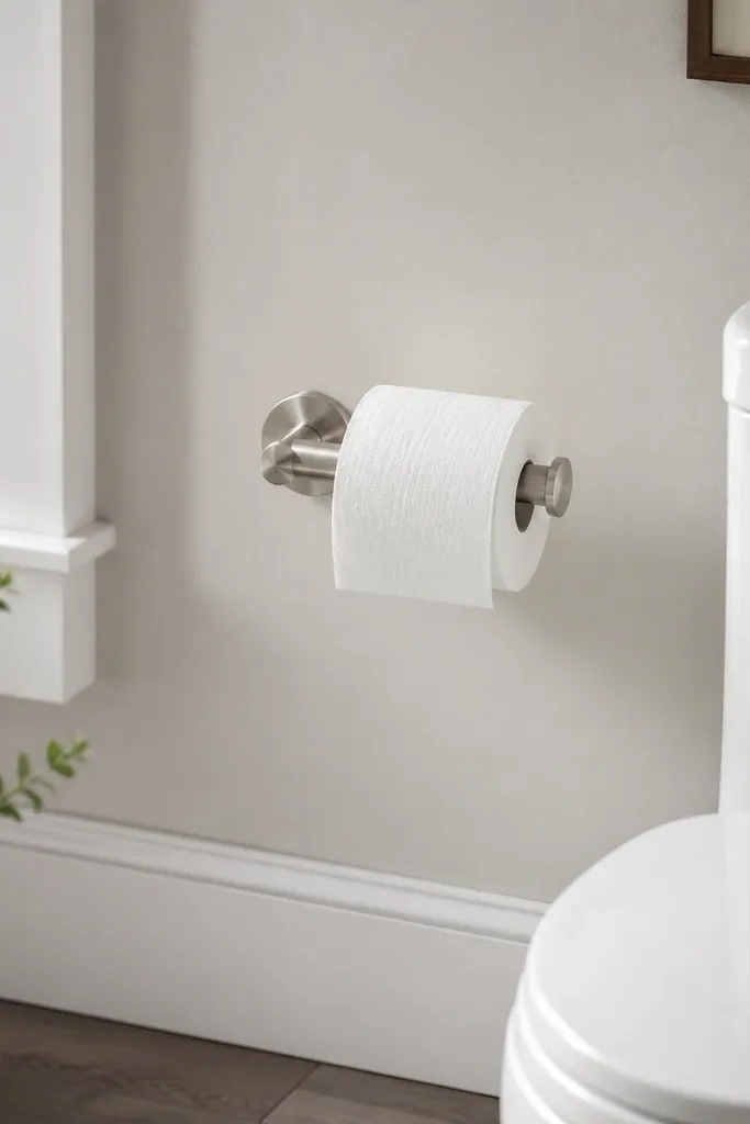 A wall-mounted toilet paper holder on the side wall next to the toilet. The holder is brushed nickel and sits at a comfortable height. There's no floor stand nearby.