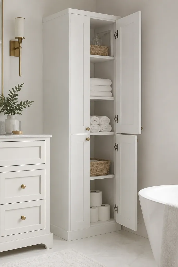 A slim linen cabinet between the vanity and the wall or in a corner. It has two doors with soft-close hinges and a clean white finish. Inside, shelves are visible and spaced for towels and extra toilet paper.