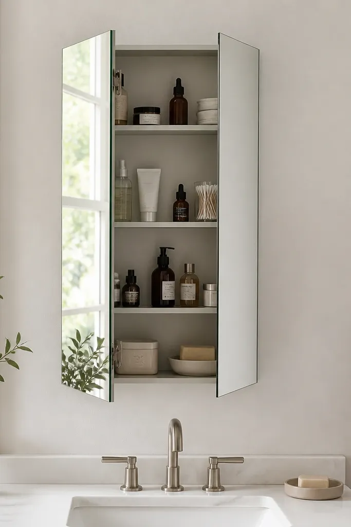 A slim wall mirror above a small medicine cabinet, with cabinet doors integrated into the mirror frame. The mirror is clean and frameless or thin-framed. Inside, shelves hold daily skincare and first-aid items.
