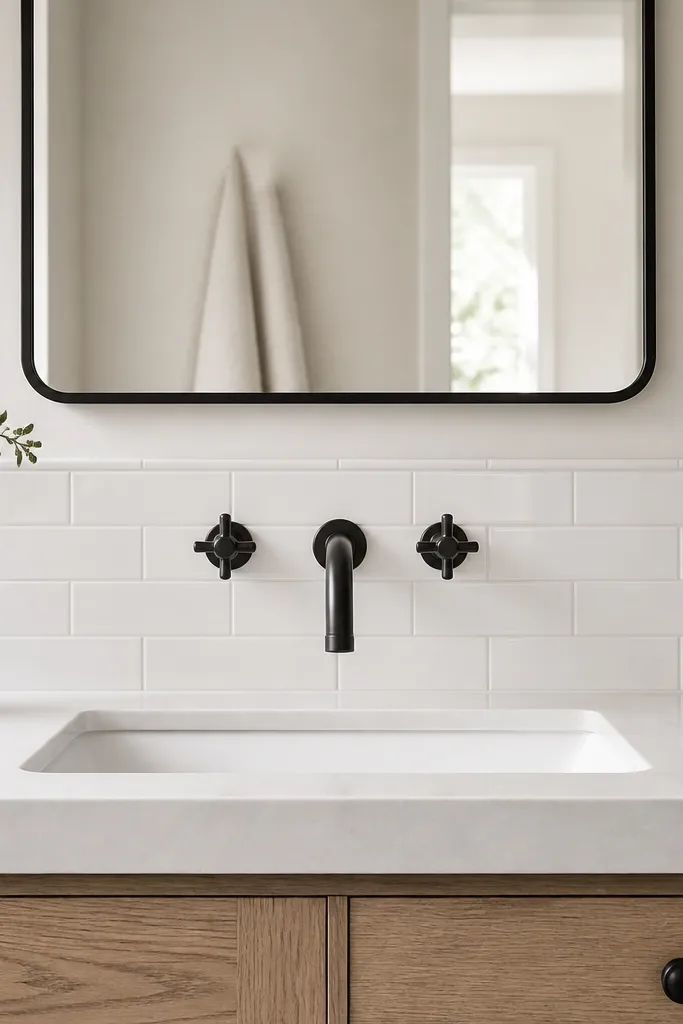 A small backsplash behind a bathroom sink made of matte white subway tile. The grout is light and evenly applied. The wall looks clean and bright, with a simple mirror above and no clutter on the counter.