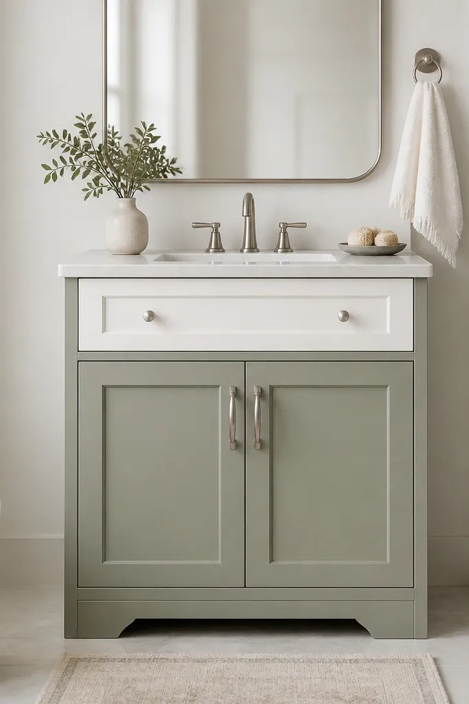 A compact vanity painted in a soft sage on the lower doors and a crisp white on the drawer fronts or trim. The hardware is simple brushed nickel. The countertop is light and clean.