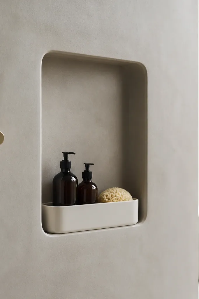 A narrow recessed niche in the shower wall with a smooth finish. Bottles sit in a removable caddy that can be lifted out. The niche edges are clean with no sharp ledges.