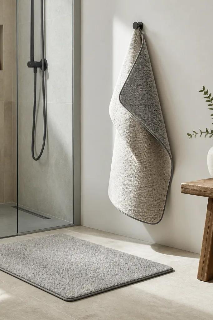Two low-profile bath mats in a neutral gray and cream. One is on the floor outside the shower, and the second is hanging to dry on a hook. The mats have a non-slip backing and thin edges.