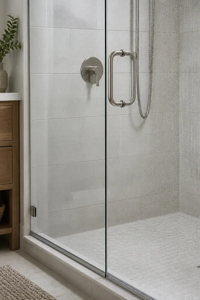 A clear glass shower door with a clean, minimal frame. The seal at the bottom is visible, and water beads on the glass. Brushed nickel hardware matches the faucet.