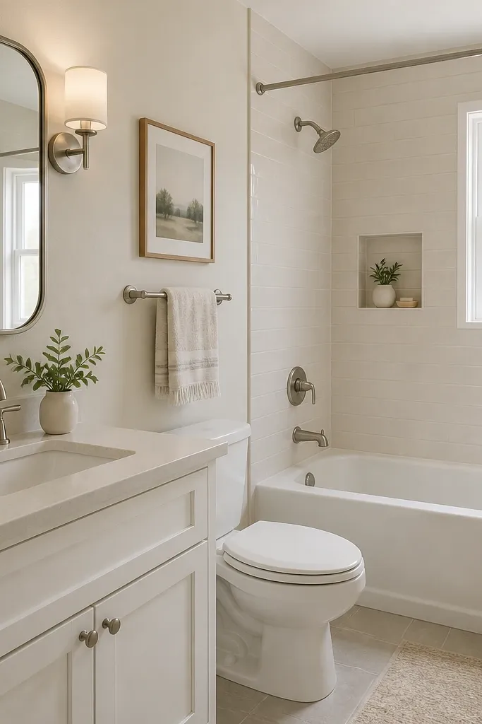 A cohesive small bathroom with white trim, light warm walls, and matching metal finishes. Caulk lines around the tub edge look clean and straight. The mirror, faucet, and towel bar all share the same finish.
