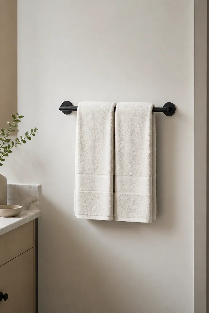 A wall-mounted towel bar in matte finish with two towels folded and hung neatly. The bar is positioned near the sink and not blocking the door. The towels are light colored and dry.
